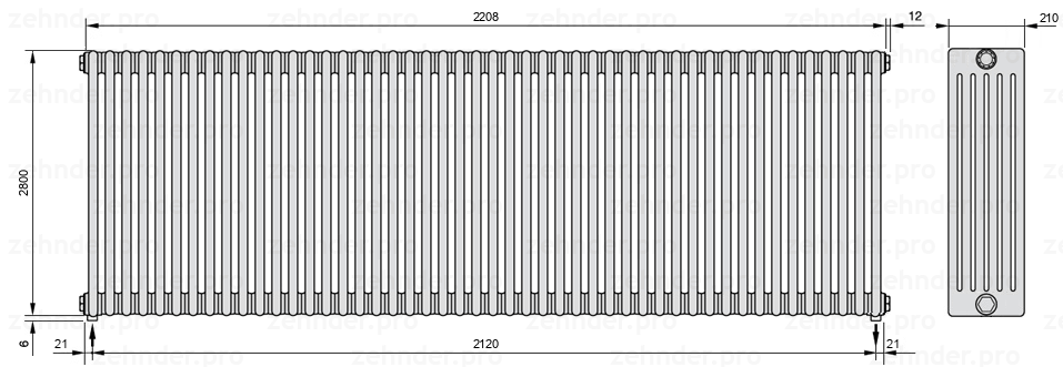 Схема (чертеж) Радиатор Zehnder Charleston 6280/48 №3570 Белый глянцевый RAL 9016